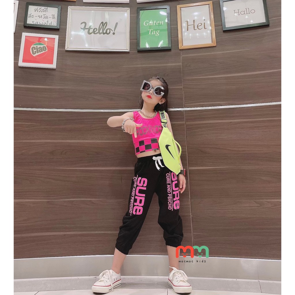 Bộ thể thao hiphop cá tính bé gái bộ đồ tập nhảy bé gái, áo croptop sát nách, quần jogger bo lai, thun mịn thấm hút tốt