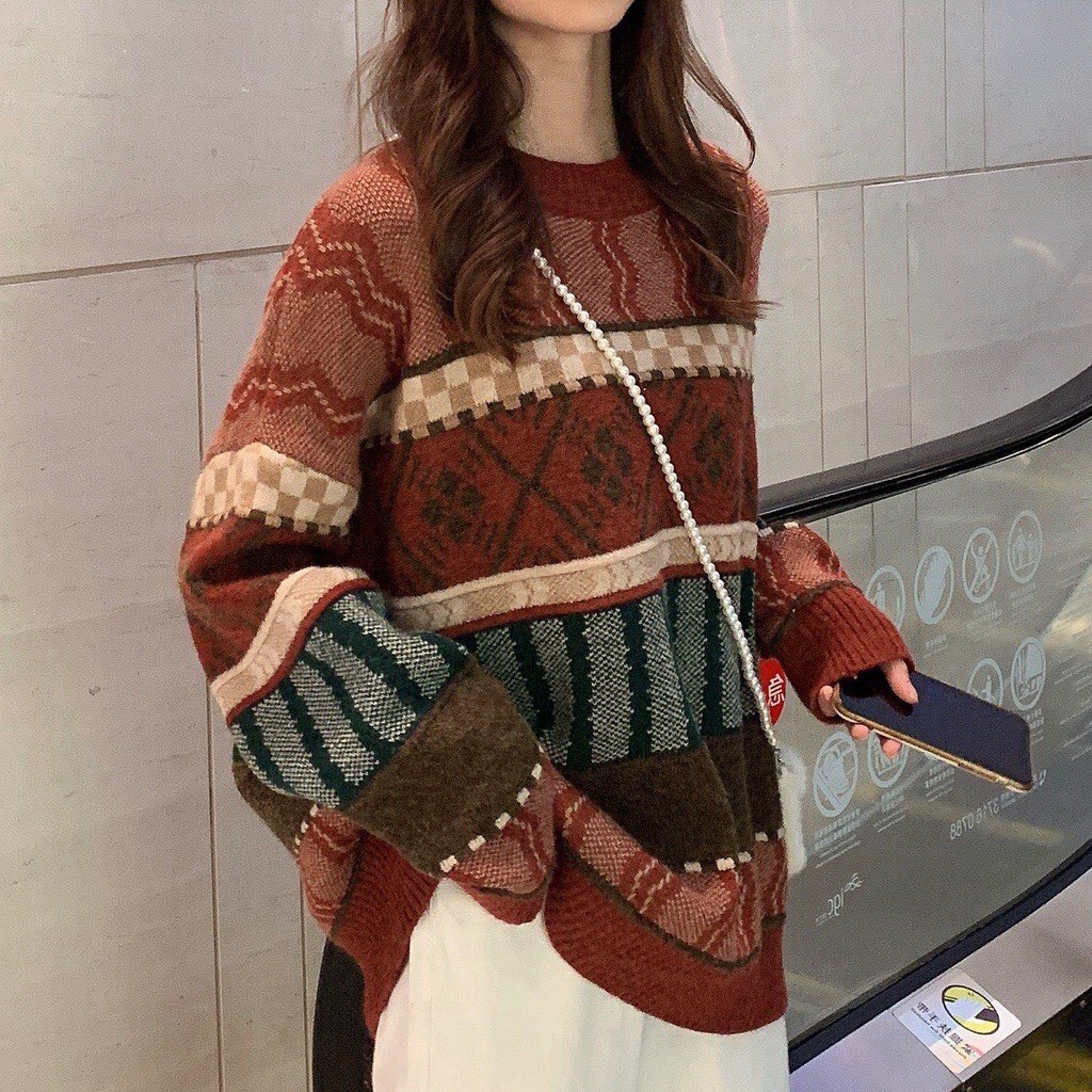Áo len họa tiết thổ cẩm Junnie Closet Áo nữ ấm giáng sinh phong cách Hàn Quốc
