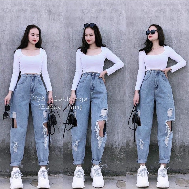 Quần baggy jean lưng cao basic