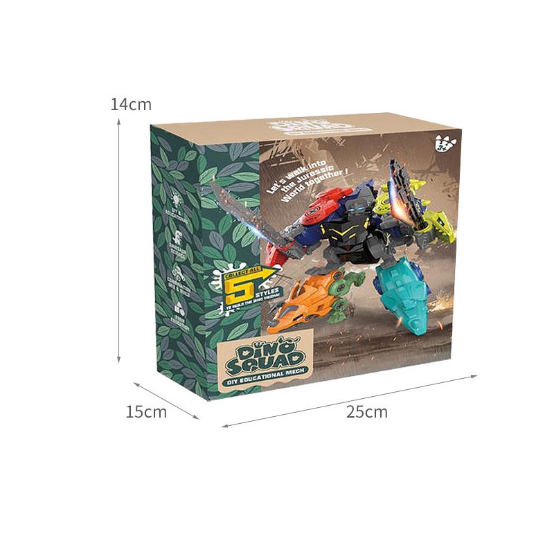 Bộ đồ chơi lắp ráp robot khủng long 5 con trong 1 hộp đựng bằng giấy, kèm tô vít, chất liệu nhựa ABS an toàn