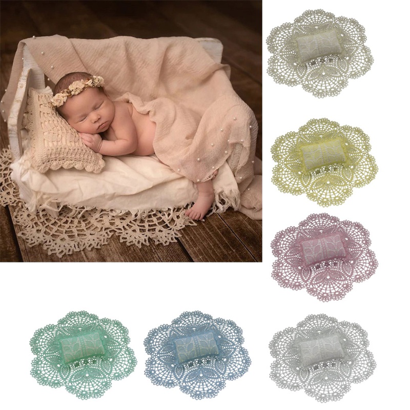 Bộ Thảm Trải Sàn + Gối Hình Tròn Phối Ren Lỗ Dùng Trang Trí Phông Nền Chụp Ảnh Cho Bé Sơ Sinh