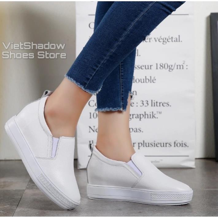 Slip on da nữ đế xuồng - Giày lười da nữ độn đế - Chất liệu da bò màu (trắng) và (đen) - Mã SP: 9909 -b11