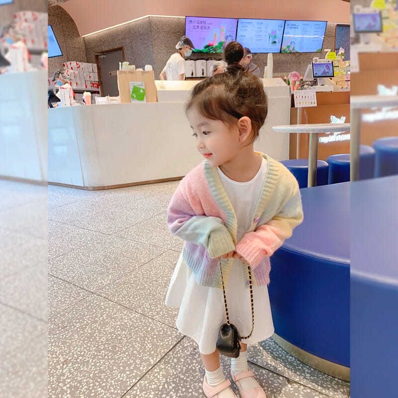 Áo Khoác Len Cardigan Họa Tiết Cầu Vồng Thời Trang Mùa Thu Mới Cho Bé Gái