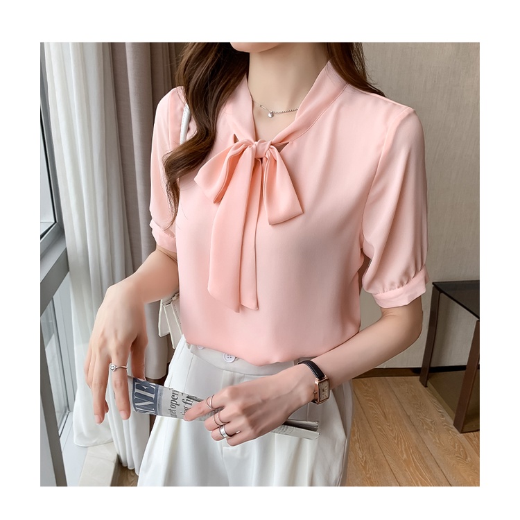 Áo sơ mi cổ thắt nơ màu trắng, hồng, tay phồng ngắn, thời trang công sở nữ Quyên fashion AA580