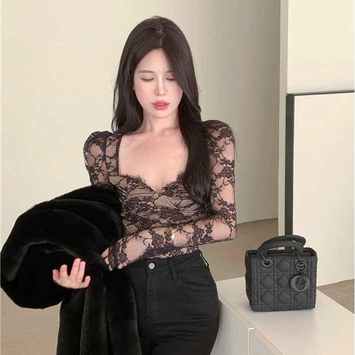 Áo Thun Tay Dài Phối Ren Lưới Thời Trang Mùa Thu