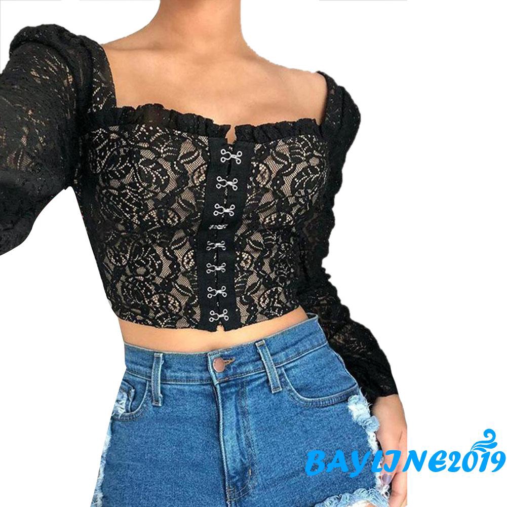 Áo Croptop Cổ Chữ U Phối Ren Màu Trơn Quyến Rũ Dành Cho Nữ