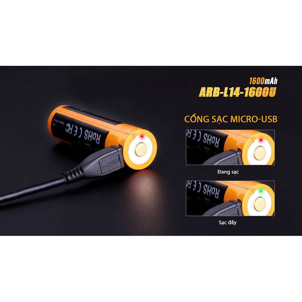 CHÍNH HÃNG PHÂN PHỐI - (01 viên) Pin sạc Fenix 14500 - ARB - L14 - 1600U (1600 mAh 1.5V - sạc Micro USB trên thân pin)