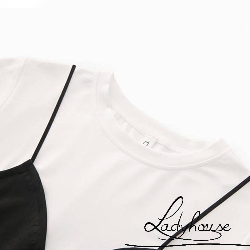 Đầm Ngắn Tay Giả Hai Mảnh Dáng Suông Cổ Tròn Thời Trang Mùa Hè Cho Nữ