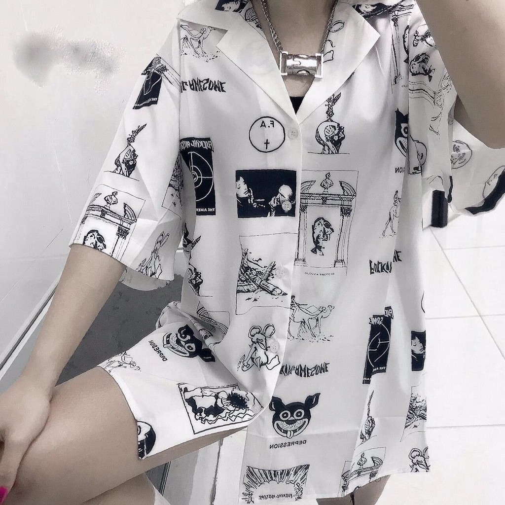 Áo sơ mi nam form rộng không túi hình in chìm với áo HARD CHICK tay lỡ n7clothing