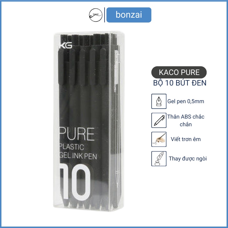 Bộ 10 bút gel Kaco Pure màu đen ngòi 0,5mm