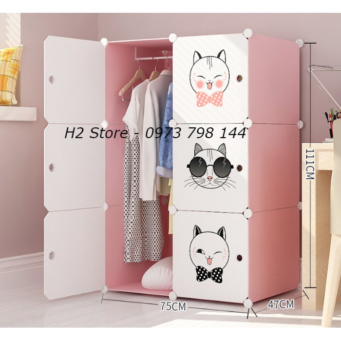 TỦ NHỰA THÔNG MINH LẮP GHÉP ĐA NĂNG 6 Ô CỬA MÈO NƠ CUTE ĐỂ ĐỒ CHO BÉ sâu 47cm