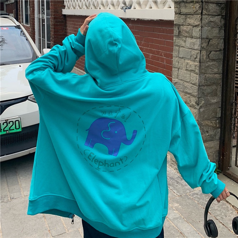 Áo Hoodie Tay Dài Dáng Rộng In Hình Chú Voi Kiểu Hàn Quốc Dễ Thương