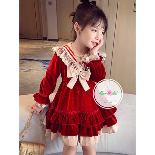 Váy nhung đỏ tiểu thư nơ trắng cho bé gái