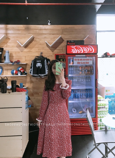 Đầm vintage - đầm hoa nhí cổ vuông dài tay | BigBuy360 - bigbuy360.vn