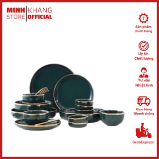 Bộ Bát 26 Chi Tiết Cẩm Thạch Vân Đá Xanh Viền Vàng Cao Cấp (Hàng Có Sẵn) - Tặng Kèm 1 Bộ Đũa Hàn Quốc Hàng Loại 1.