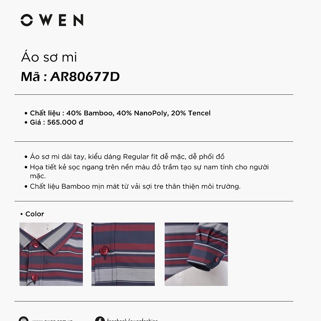 [XẢ LỖ SIZE 40/42] OWEN - Aó sơ mi dài tay Owen slimfit vải sợi tre chống nhăn 80677 . . new