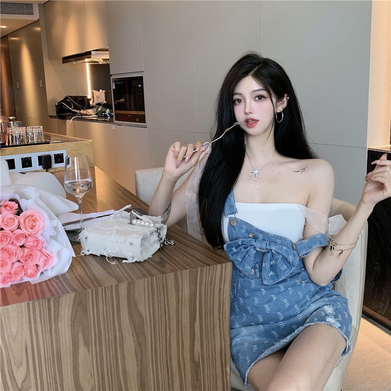 DoggyQin denim strap skirt women's summer 2021 new short style skirt short temperament suit suspender dress