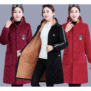Áo khoác nhung nữ chần bông quảng châu cao cấp - Áo khoác nữ mùa đông chất nhung dáng dài có mũ chần bông siêu ấm