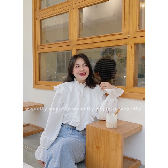 Áo sơmi nữ trắng chất sợi mềm ống tay bồng cổ tay loe phong cách vintage Wepretty Clothes | BigBuy360 - bigbuy360.vn