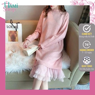Váy len dài phối ren váy len dáng suông cổ tròn siêu đẹp dễ thương