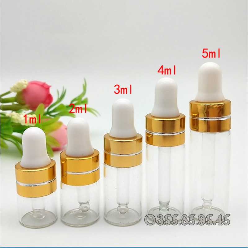 Chai thủy tinh MỎNG nắp bóp VÀNG 1ml 3ml 5ml - Lọ chiết serum, đựng tinh dầu, mỹ phẩm, dụng cụ spa, phụ kiện du lịch