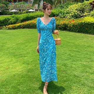 (ORDER-sẵn M) Váy hoa nhí maxi dáng suông dài màu xanh dương cổ V nhún ngực mùa hè kiểu Pháp sang chảnh (HÀNG ORDER)