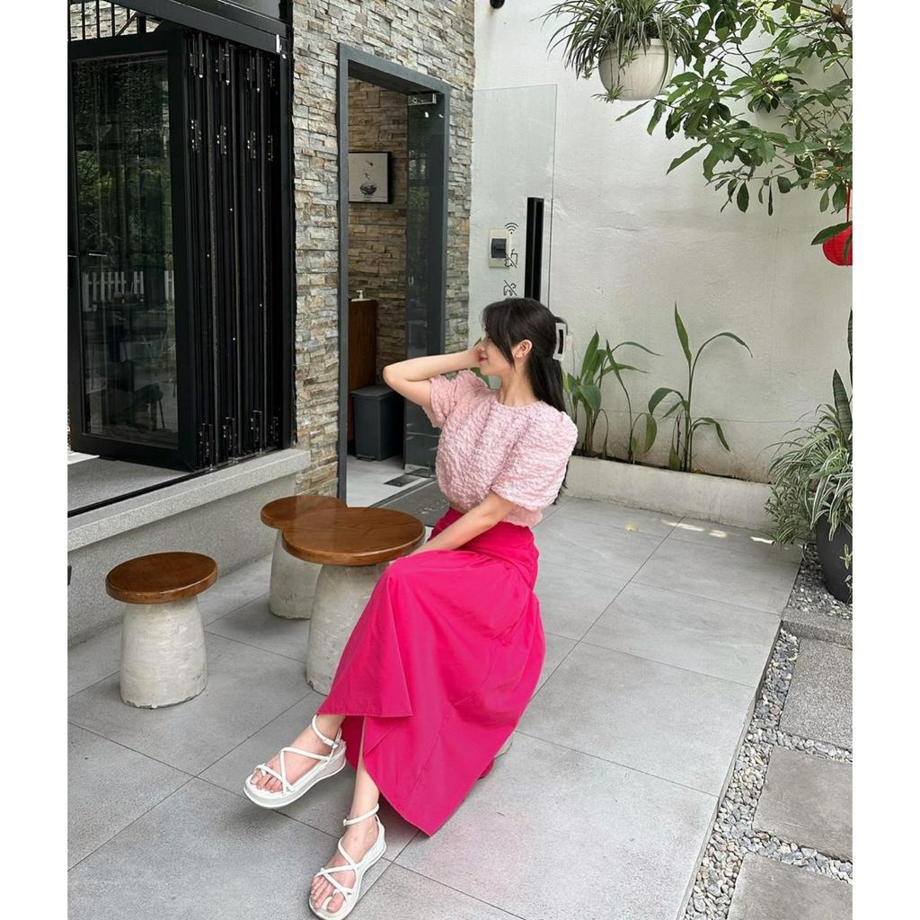 SET ÁO CROTOP XỐP NHÚN TAY PHỒNG CHÂN VÁY MIDI XẾP LY HỒNG SEN (TH)