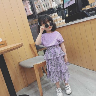 Đầm xòe tầng cho bé gái - Set áo thun Chân váy voan hoa