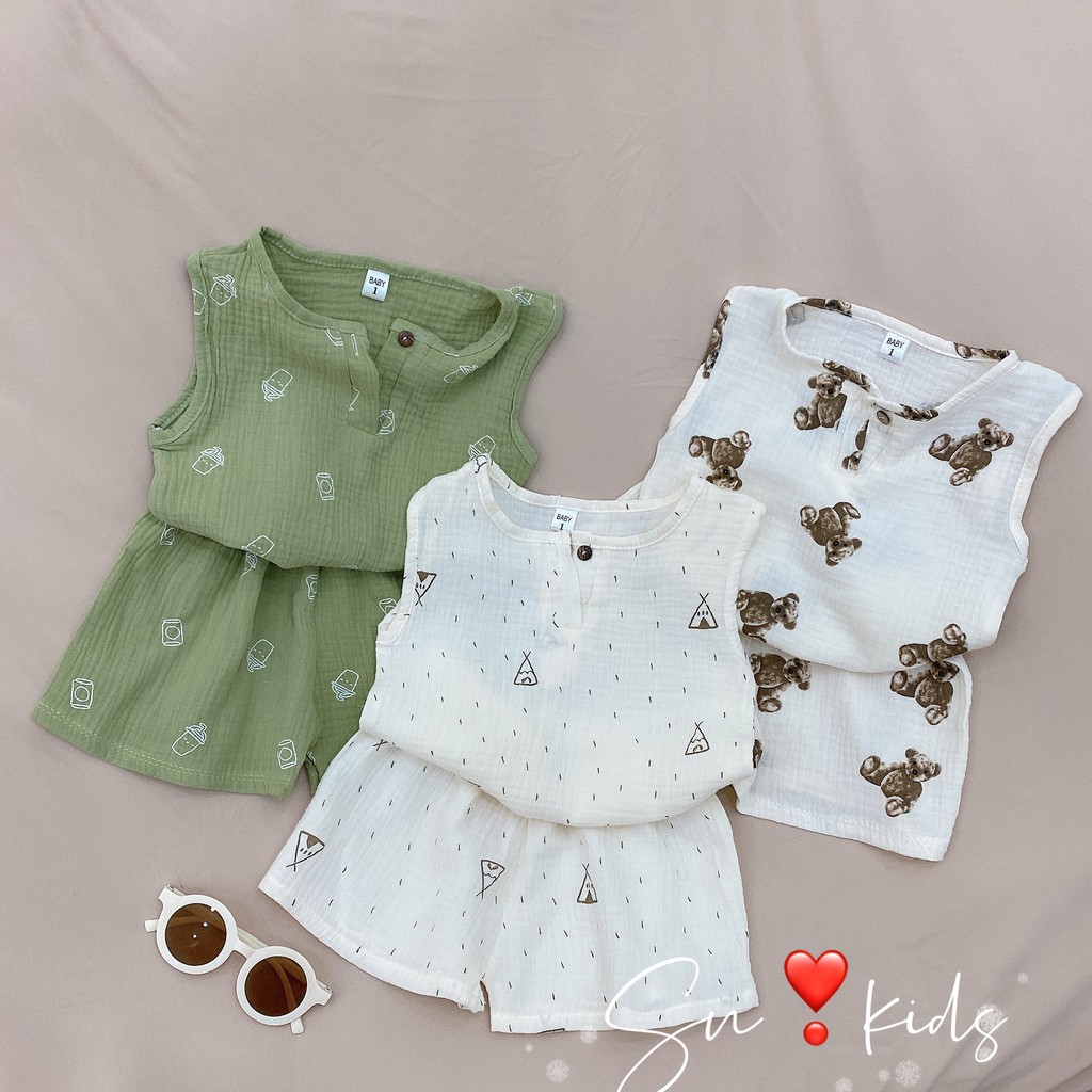 Bộ Ba Lỗ Bé Trai, Bé Gái Chất Muslin Phiên Bản Gấu Họa Tiết Cực Đẹp, Đồ Bộ Mùa Hè Cho Bé Namkidshop (V462)