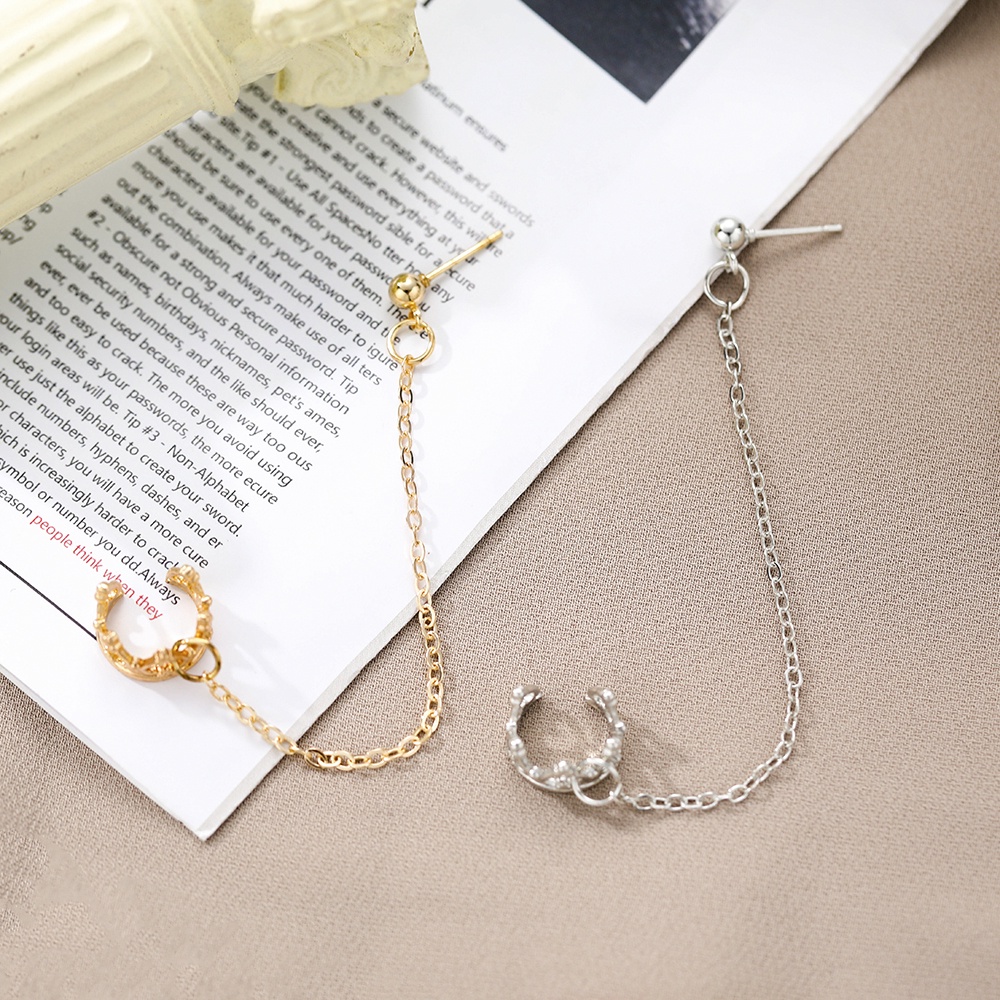 Khuyên tai kẹp vành hình vương miện phối dây xích phong cách thời trang cá tính dành cho nữ