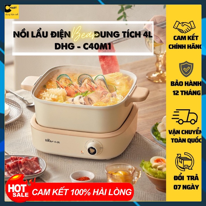 Nồi bếp lẩu nướng điện mini 2 ngăn đa năng bear C40M1-5L, 7 in 1, công suất 1500W, cho 4-5 người ăn, bảo hành 12 tháng