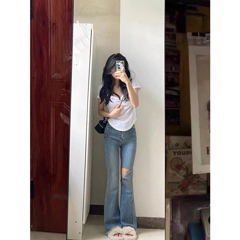 Quần jean ống loe rách xẻ nữ có BIGSIZE - quần bò denim  ống loe nữ cạp cao co dãn siêu hack chân phong cách ulzzang