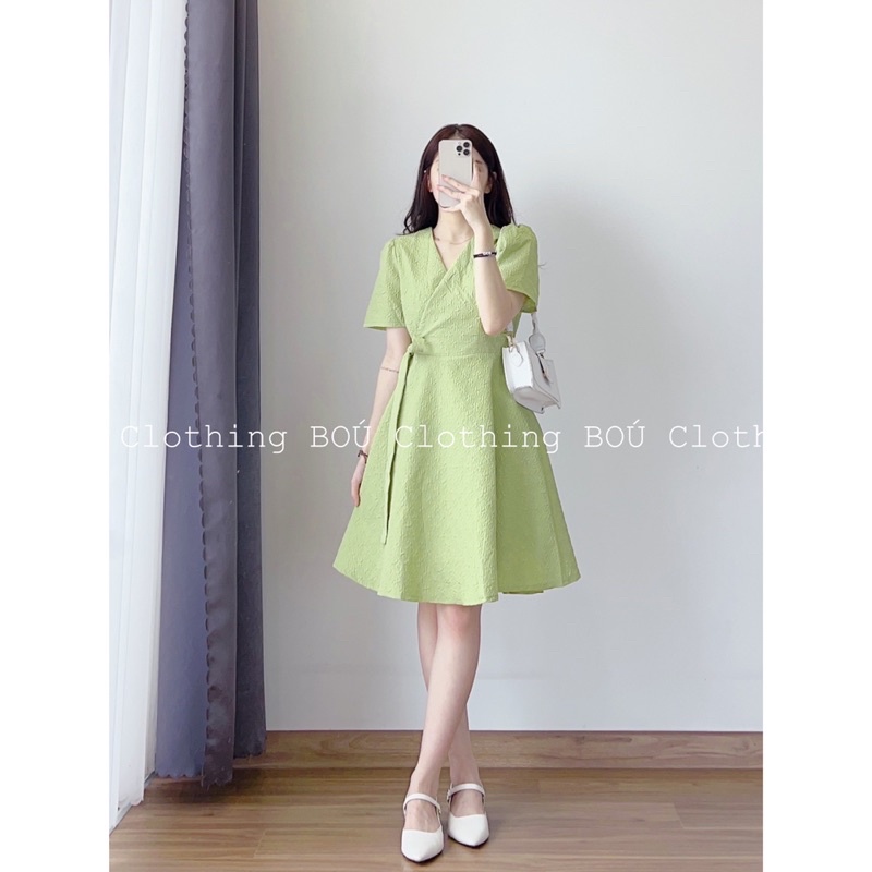 Đầm xốp nữ cổ tim nơ eo thanh lịch, trẻ trung (Ảnh thật)