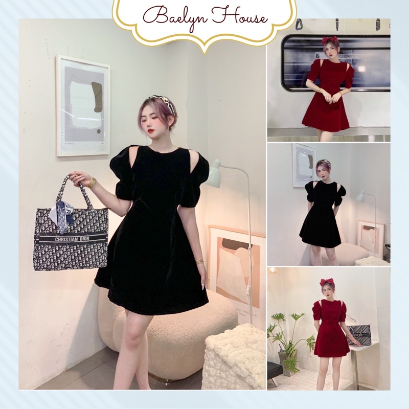 [Ảnh thật] Đầm nhung chữ A, váy nhung khuyết vai cut out siêu tôn dáng màu đen và đỏ Baelyn