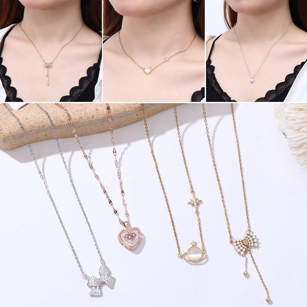 JUNE Simple Pendant Necklace Japanese and Korean-Style Heart Titanium Steel Clavicle Chain Rose|Exquisite Classic Fashionable Jewelry Bow-knot