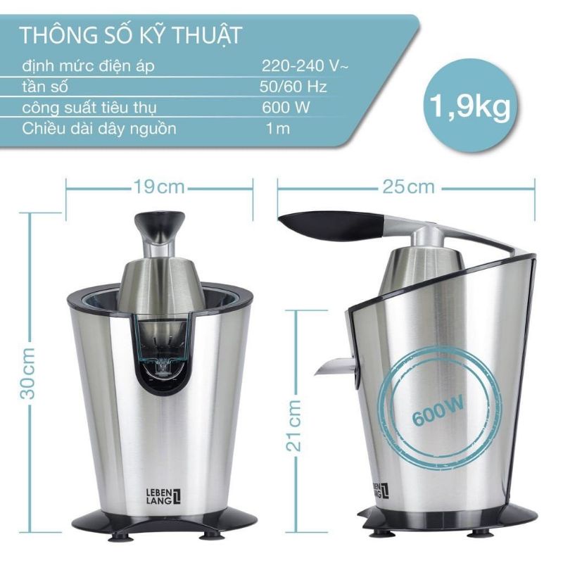 [Mã 254ELSALE giảm 7% đơn 300K] MÁY VẮT CAM ĐỨC LEBEN LANG LBC388, 400ml, 600W. bảo hành 24 tháng