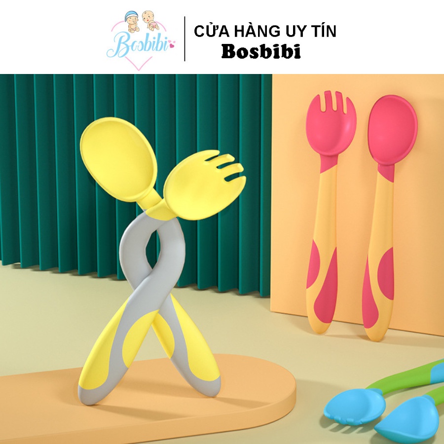 Thìa dĩa tập xúc silicon Misuta, muỗng nĩa uốn cong an toàn cho bé ăn dặm