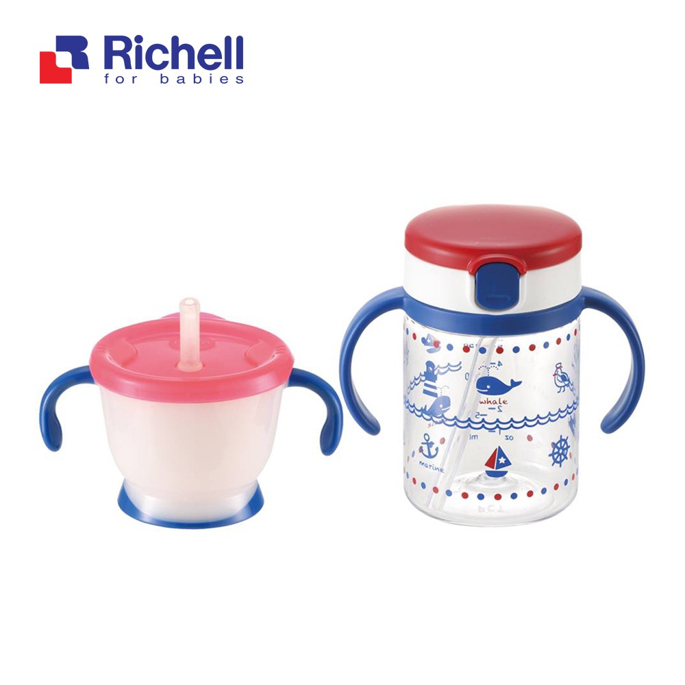 Bộ 2 cốc tập uống và cốc ống hút (tay xanh) Richell RC41041