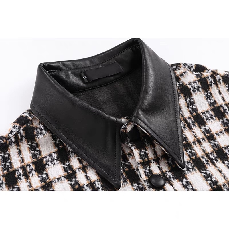 MISHI CLUB ÁO KHOÁC DẠ tweed cổ da Ulzzang Hàn Quốc kẻ sọc hot 2021 kèm ảnh thật ở cuối