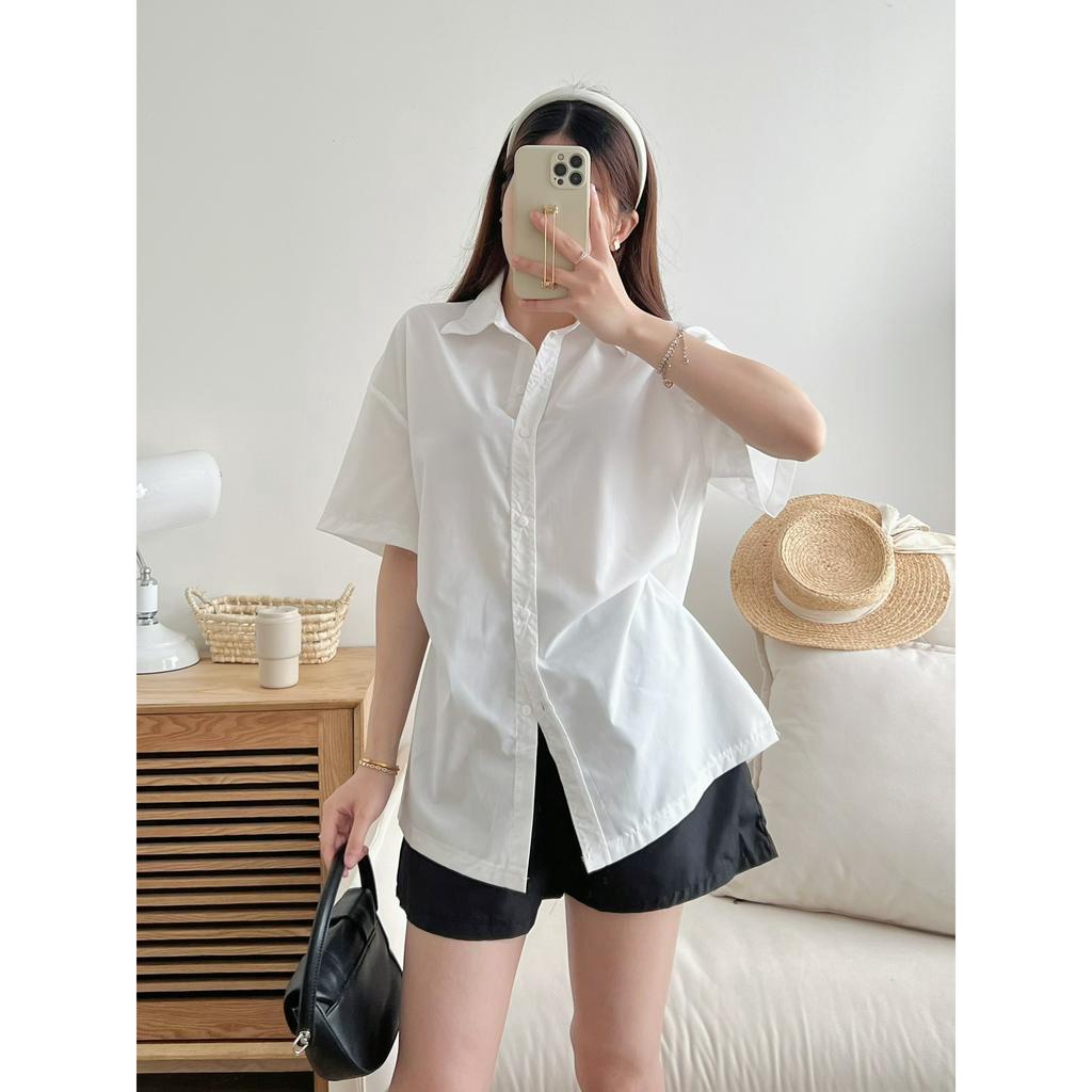 Áo sơ mi nữ tay ngắn form rộng form rộng xẻ vạt khuy sườn, áo sơ mi nữ cộc tay xẻ tà nút sườn form rộng Ulzzang