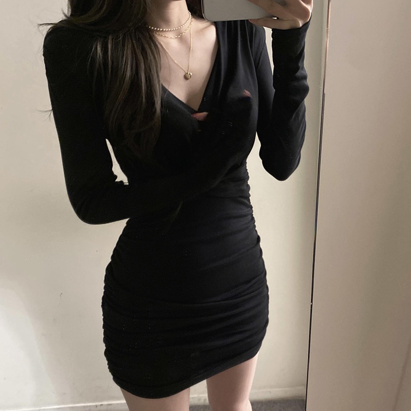 Đầm DUNEA tay dài cổ chữ V thiết kế đan chéo thời trang quyến rũ cho nữ