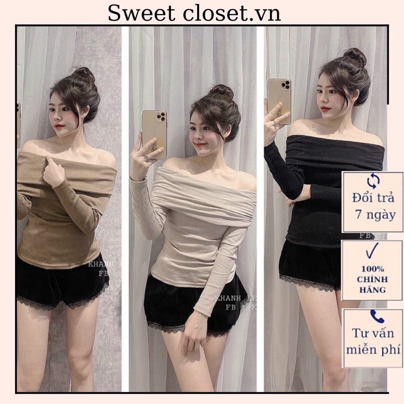 Áo len trễ vai dài tay ôm body chất liệu len tăm mềm siêu co dãn