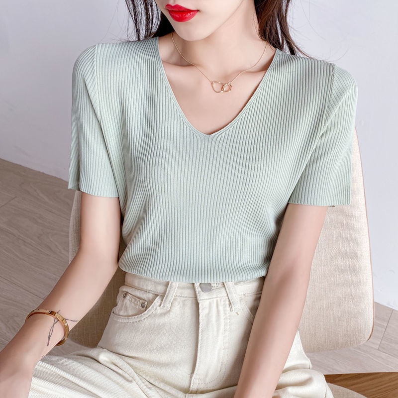 Fashion large size v-neck ice silk sweater bottoming shirt women's short-sleeved T-shirt thin tops