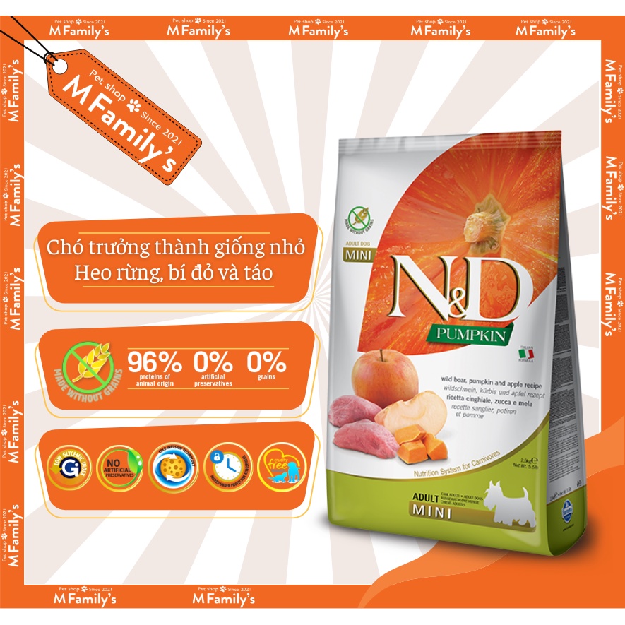 Thức Ăn Cho Chó - Hạt N&D Pumpkin Cho Chó Trưởng Thành Vị Heo Rừng, Bí Ngô, Táo