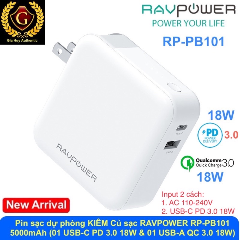 Pin sạc dự phòng KIÊM Củ sạc nhanh iPhone, iPad RAVPOWER RP-PB101 5000mAh PD 3.0 18W &amp; QC 3.0 18W