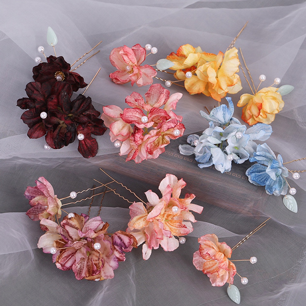 GETNOIVAS Kẹp Tóc Chữ U Bằng Lụa Hình Hoa Đính Ngọc Trai Màu Sắc Thời Trang Trung Hoa