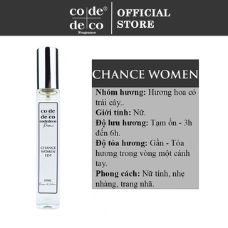 Tinh dầu nước hoa codedeco chance women 10ml, nữ tính, nhẹ nhàng, trang nhã