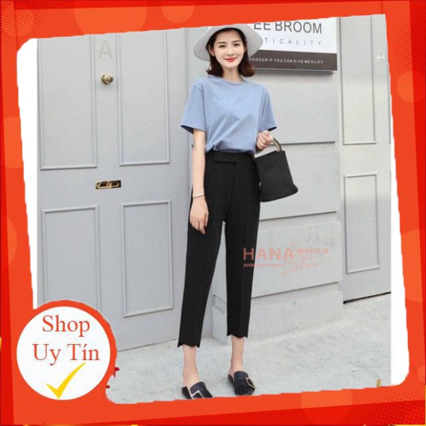Quần tây baggy nữ ống lệch gấu lệch 9 tấc công sở cạp lưng cao dáng dài màu đen - Vải tuyết mưa - Mặc đi làm đi học xinh