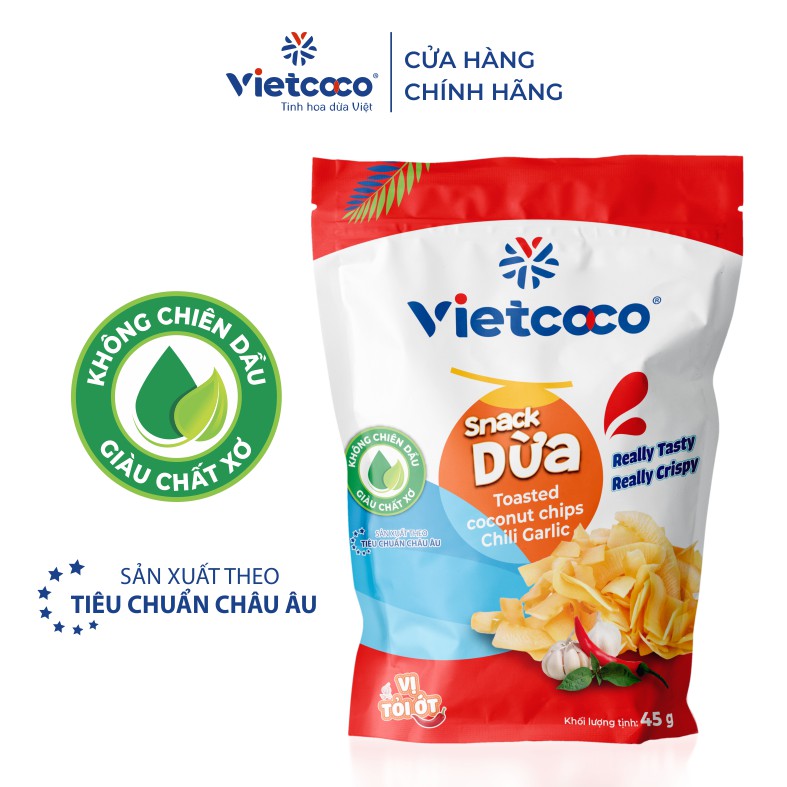 Combo 02 túi Snack dừa Vietcoco vị truyền thống + vị tỏi ớt 45gr/túi