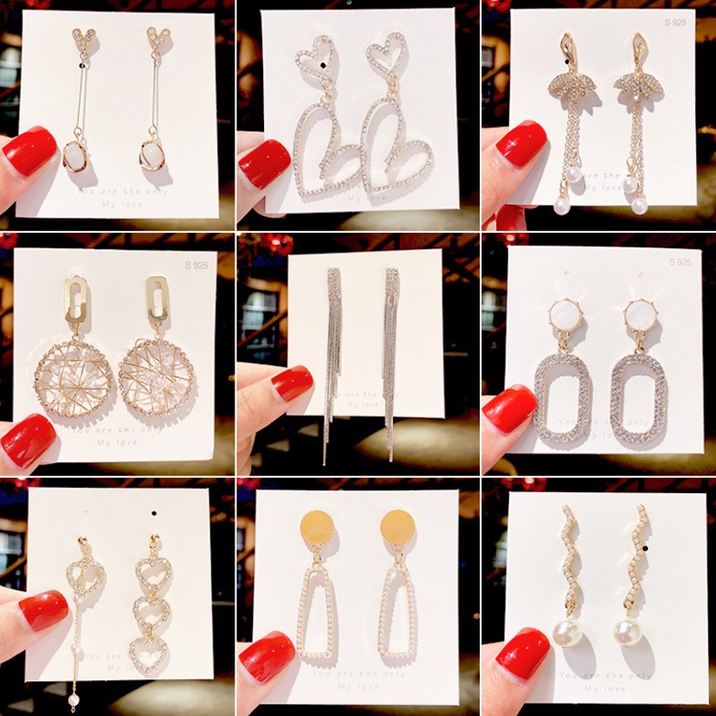 Bông Tai zircon Thiết Kế Tua Rua Dài Không Đối Xứng Phong Cách Hàn Quốc 50 Kiểu Lựa Chọn